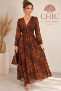 Robe longue femme imprimée marron et rouille à manches longues