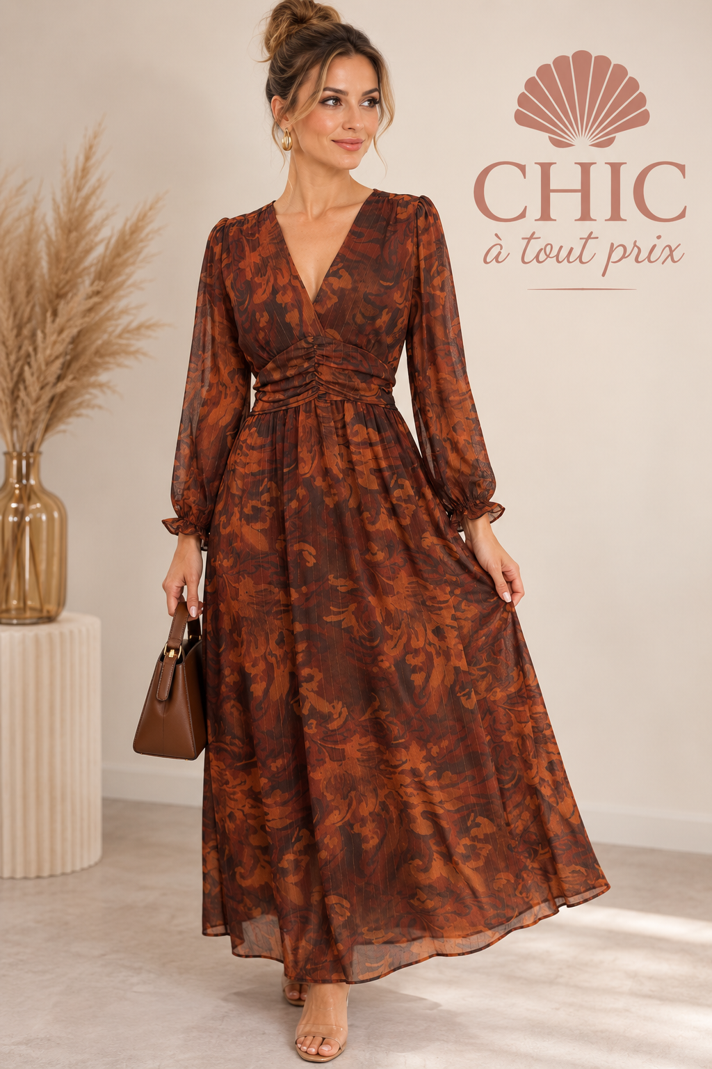 Robe longue femme imprimée marron et rouille à manches longues