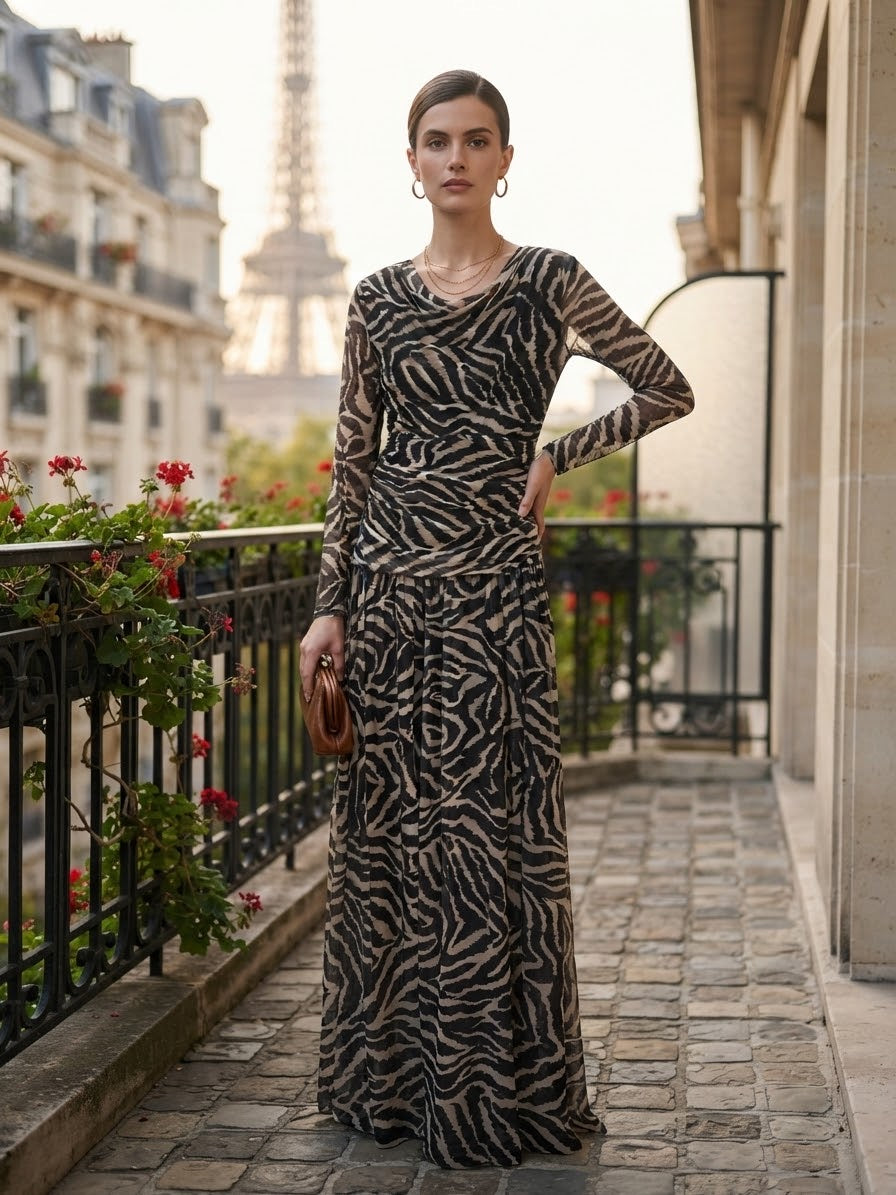 Robe longue imprimée marron femme – taille unique